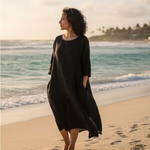 CP Shades 100% Linen Black Laganlook Oversized Pocket Long Sleeve Cooling Dress